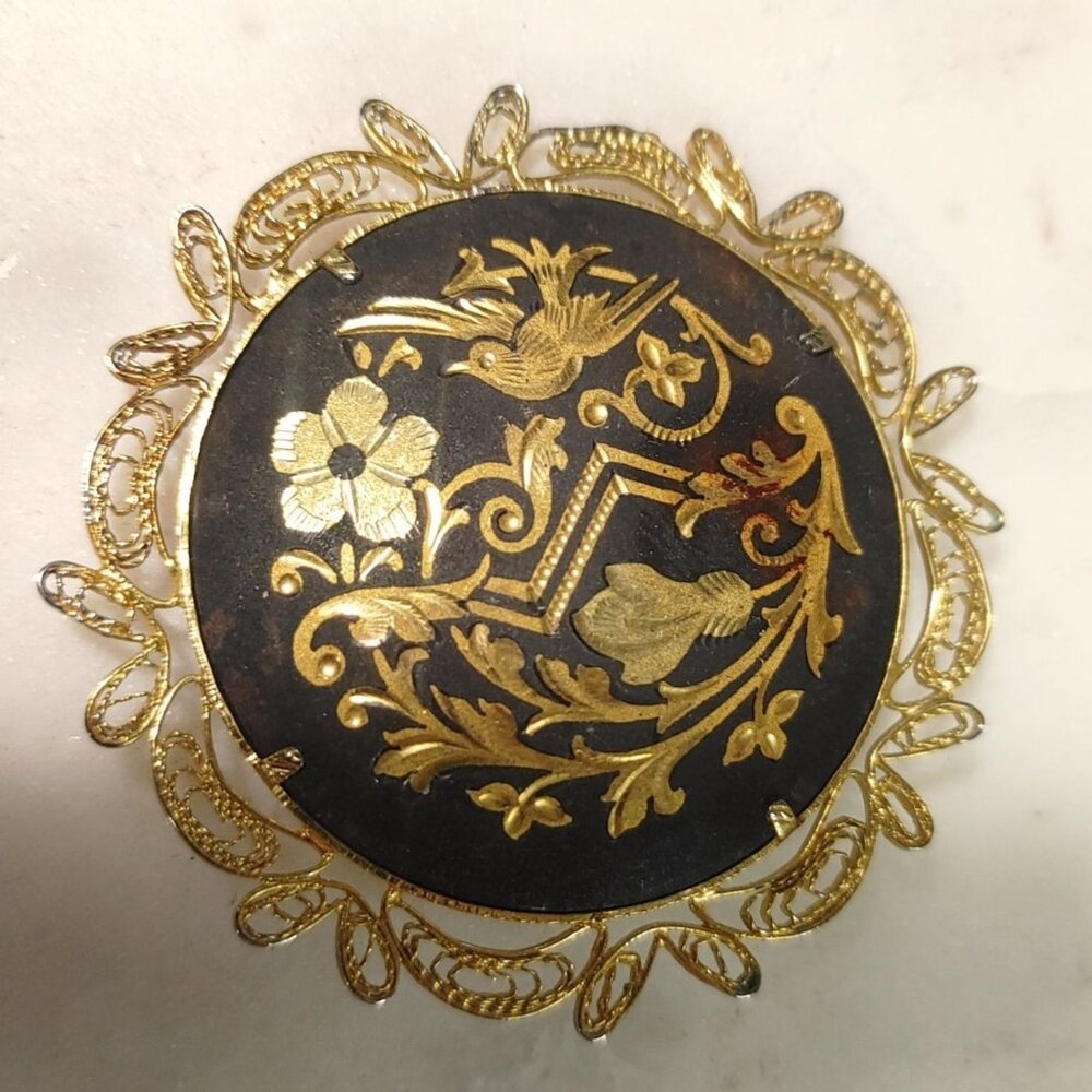 Vintage Damascene Gold Brooch Pin Enamel Floral Flower Filigree Edge Bird